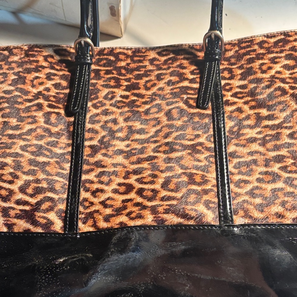 Talbots Leopard-Pattern Tote with Black Patent Tr… - image 3